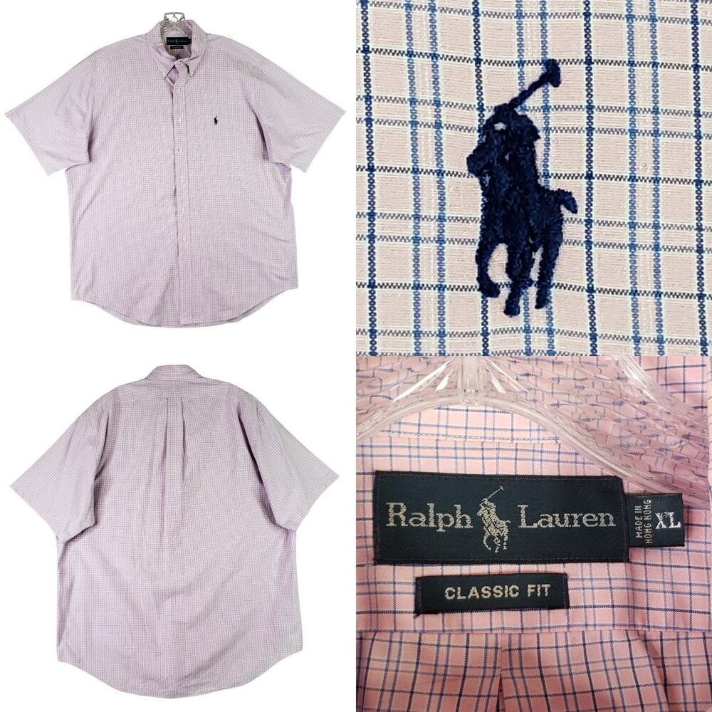 Polo Ralph Lauren Shirt Oxford Button Down SS Mens Size XL‎ Pink Blue Plaid